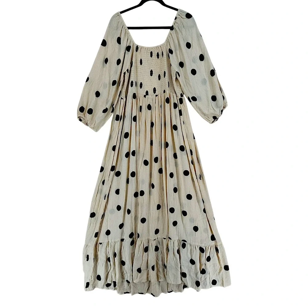 Seraphine Maxi Dress 12 Carmen Cream Black Polka Dot Shirred Boho Maternity NEW